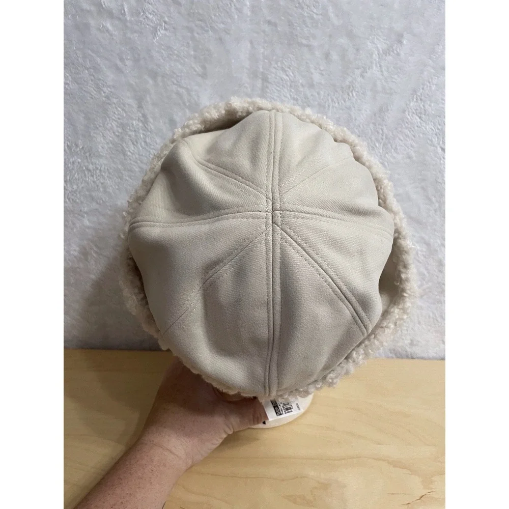 Cream Sherpa Fleece Lined Winter Beanie Hat Unisex Cold Weather Cap
